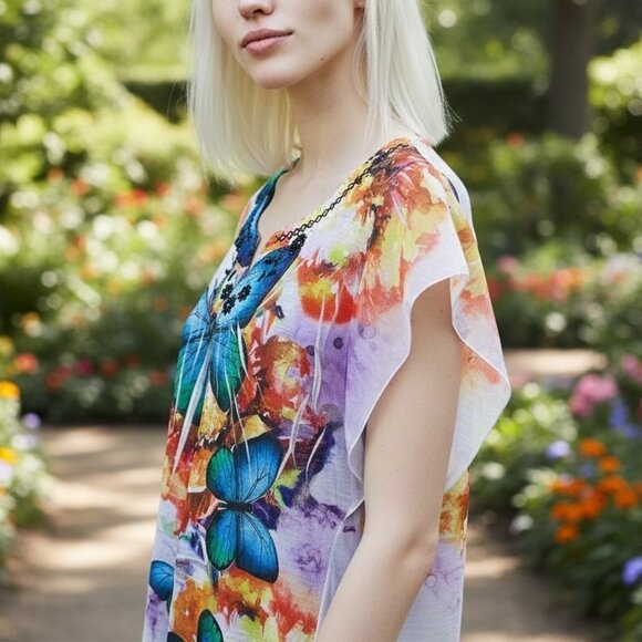 Live & Let Live Butterfly Fairycore Chiffon Top Dreamy Boho Festival Blouse L - Picture 2 of 7